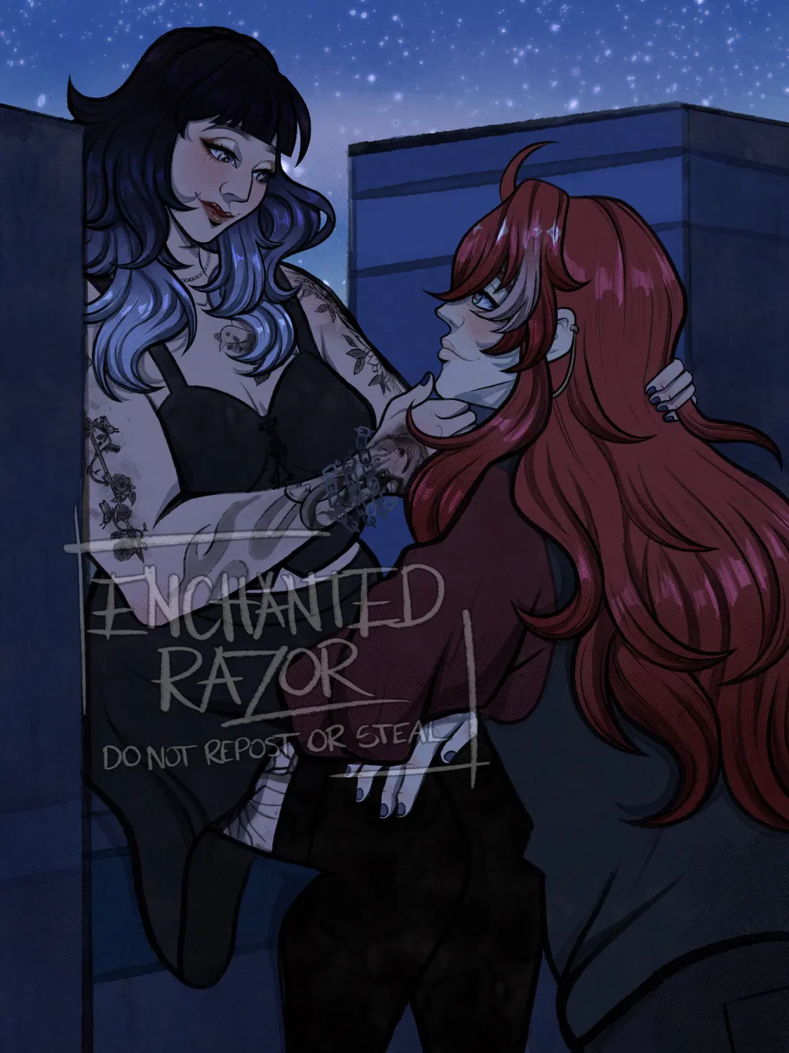 Digital drawing of Argenti from Honkai: Star Rail and my OC Rhea on a rooftop at night. Rhea's sitting on the edge while tilting Argenti's chin up with her thumb, while he's resting his elbows on her thighs. They both have blissful smiles on their faces.